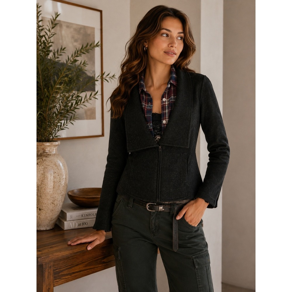 Free People Jacket Womens 6 Black Herringbone Dark Academia Coquette